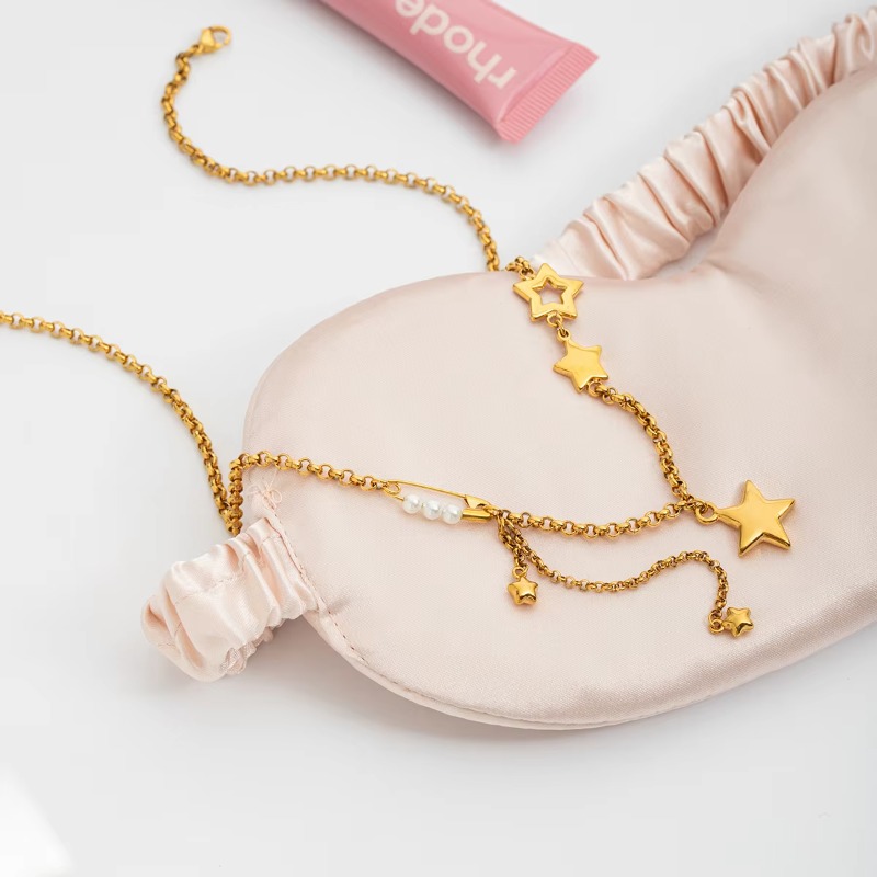 Jewellery 18K Gold Plated Stainless Steel Romantic Rhinestone Acrylic Pearl Hollow Star Pendant Necklace for Special Occasions Gift Textured Elegant A