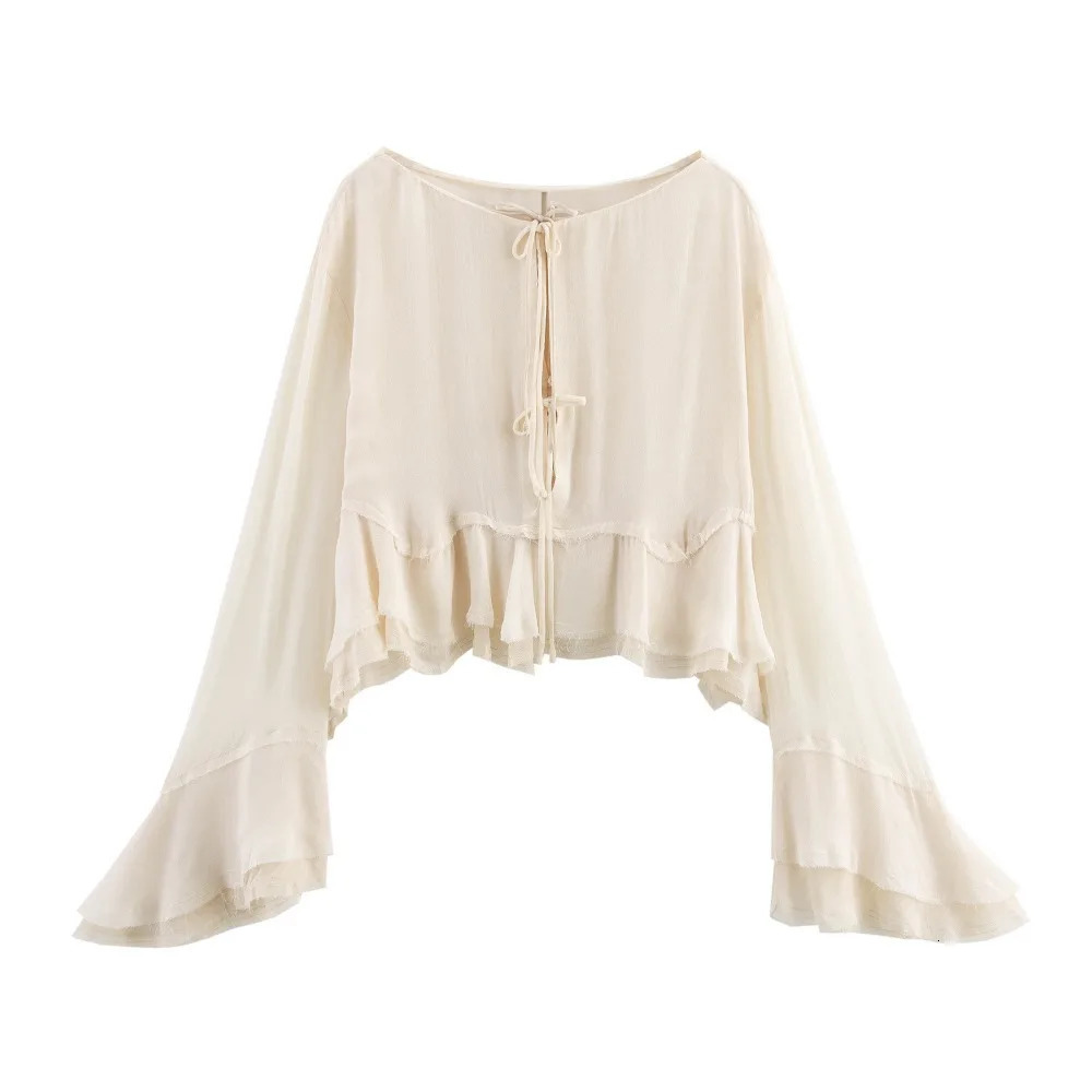 ZBZA Womens Lace Ruffle Shirt Loose Ship Neck Collar Sleeve Solid Single breasted Short SpringSummer Fashion Top 250407