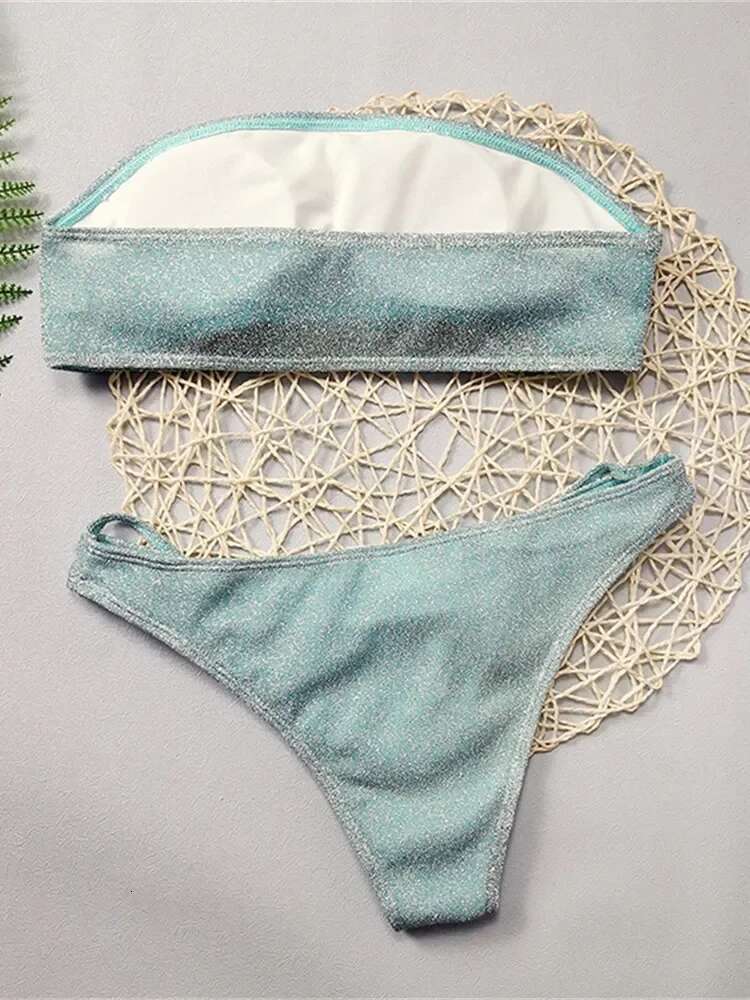 Dongdumaoyi Shiny Bikini Women Sexy Green Bandeau Cut Out Push Up Swimsuit Brazilian Metal Chain Patchwork Bathing Suit Thong Swimwear