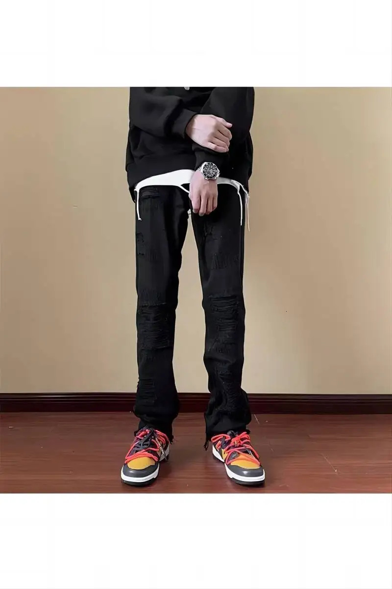 Jeans for men ripped pants American street trend slim fit suitable versatile straight leg micro glitter 250313