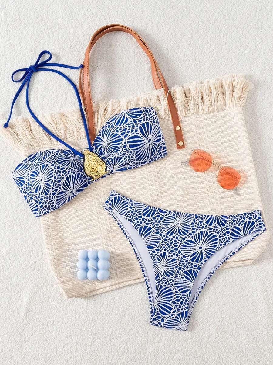 Dongdumaoyi Sexy Metal Water Droplet Ornament Bikini Set Women Black Floral Print Push Up Swimsuit Holiday Bathing Suit Thog Swimwear