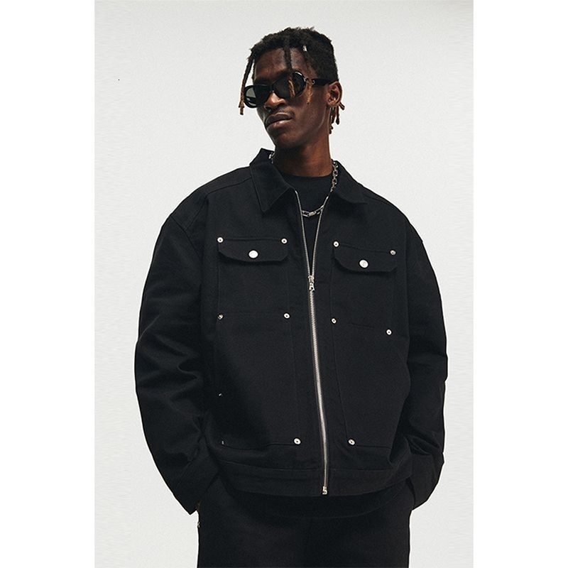American style street metal stud denim jacket mens retro hiphop washed loose zipper 250312