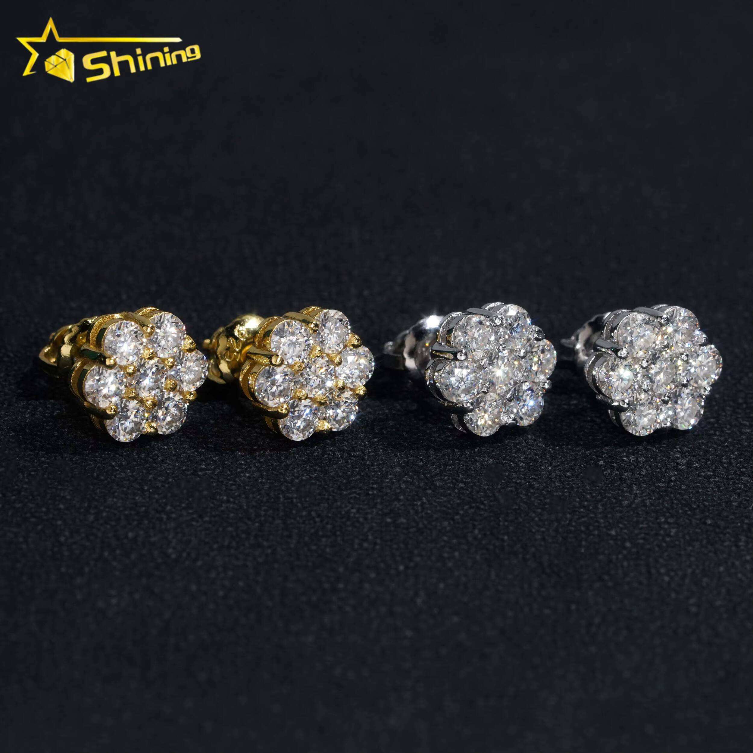 Hot Sale Pass Diamond Tester Hip Hop 925 Silver Gold Plated Flower VVS Moissanite Diamond Stud Earrings