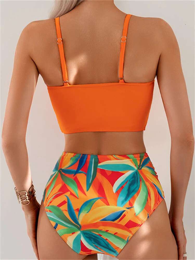 Dongdumaoyi Vintage Orange Front Bow Bikini Set Women Sexy Pleate Push Up Leaves Print High Waist Swimsuit Beach Bathing Suit Swimwear