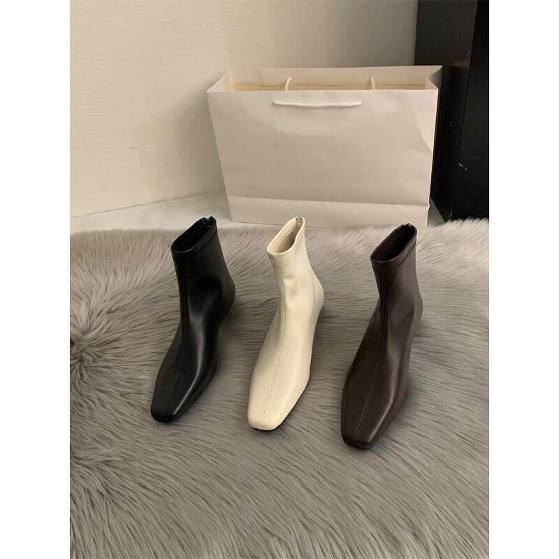 Korean Version Old Money Style Minimalist Small Square Toe Short Free shipping Ankle Autumn Winter New Wedge Chelsea Slim Boots Women