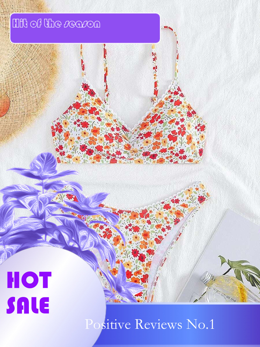 Dongdumaoyi Sexy Orange Floral Print Bikini Mujer Women Ruffles Pleate Push Up Micro Swimsuit Beach Holiday Bathing Suit Thong Swimwear