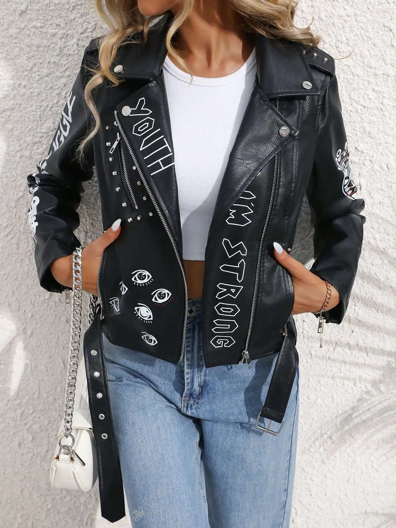 Fitaylor Women Faux PU Jacket Casual Lady Lapel Zipper Graffiti Print Leather Coat Moto Bike Rivet Outwear