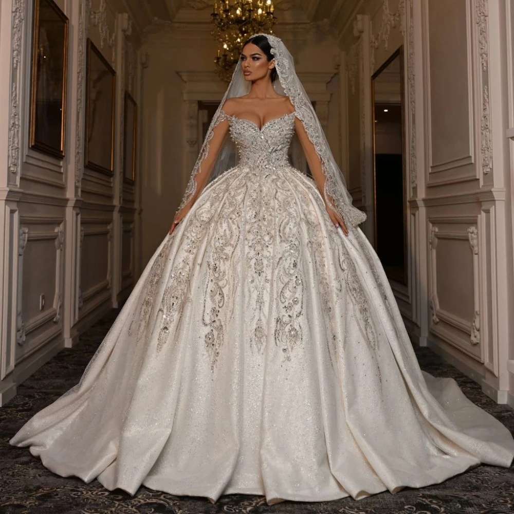Gorgeous Ball Gown Wedding Dress Off Shoulder Long Sleeves Bridal Gowns Sequins Appliques Pearls Sweep Train Dresses Custom Made vestidos de novia