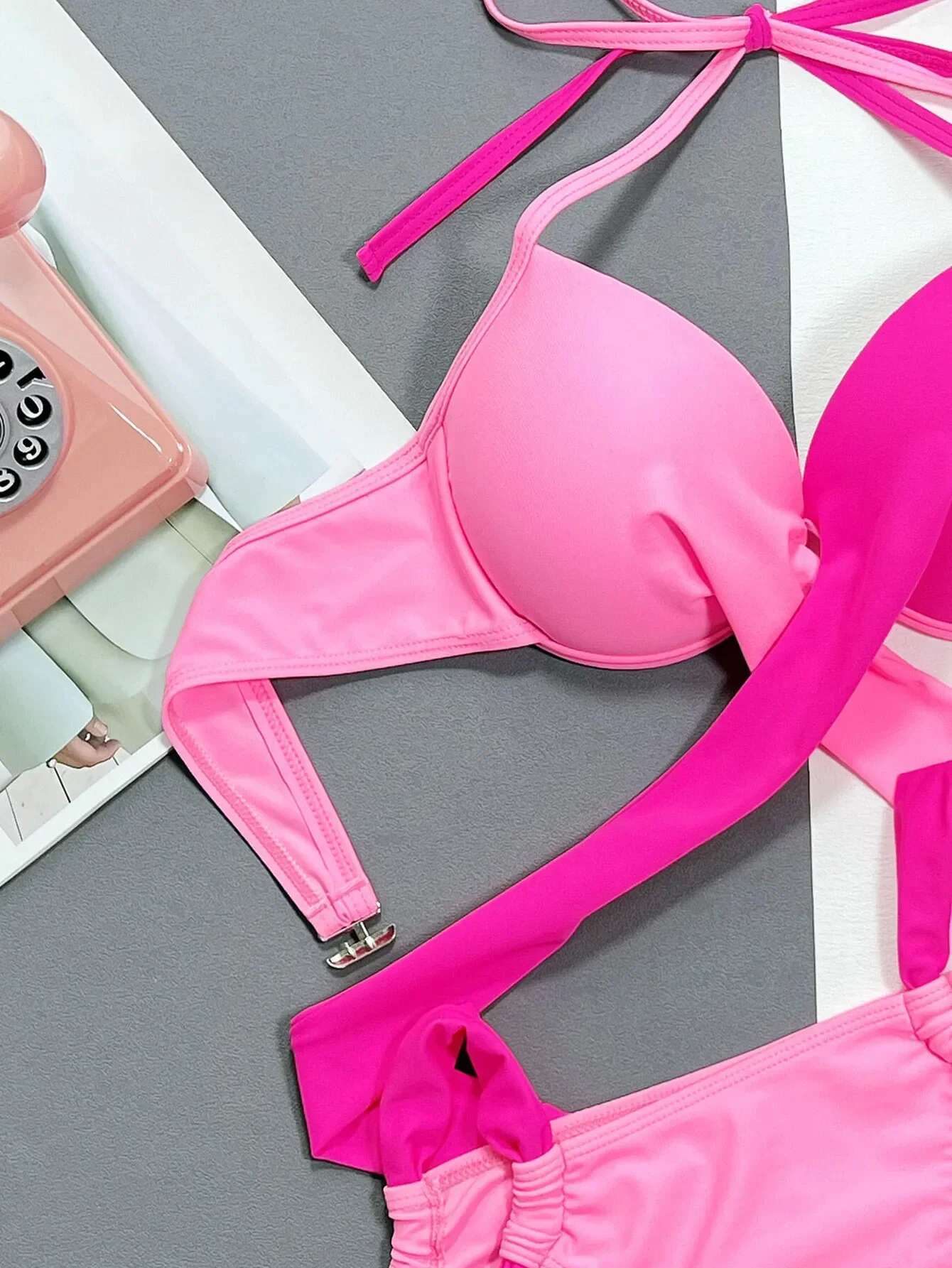 Dongdumaoyi Women S Pink Patchwork Piece Swimsuit Sexy Underwire V Neck Hard Cup Push Up Bikini Set Beach Suspender Backless Swimwear