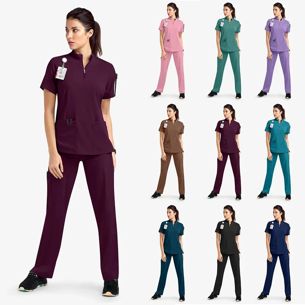 Nurse Women Casual Short Sleeved Apparel Top Pharmacy Working Hospital Doctor Nursing Uniform Stand-up collar Zipper 250402