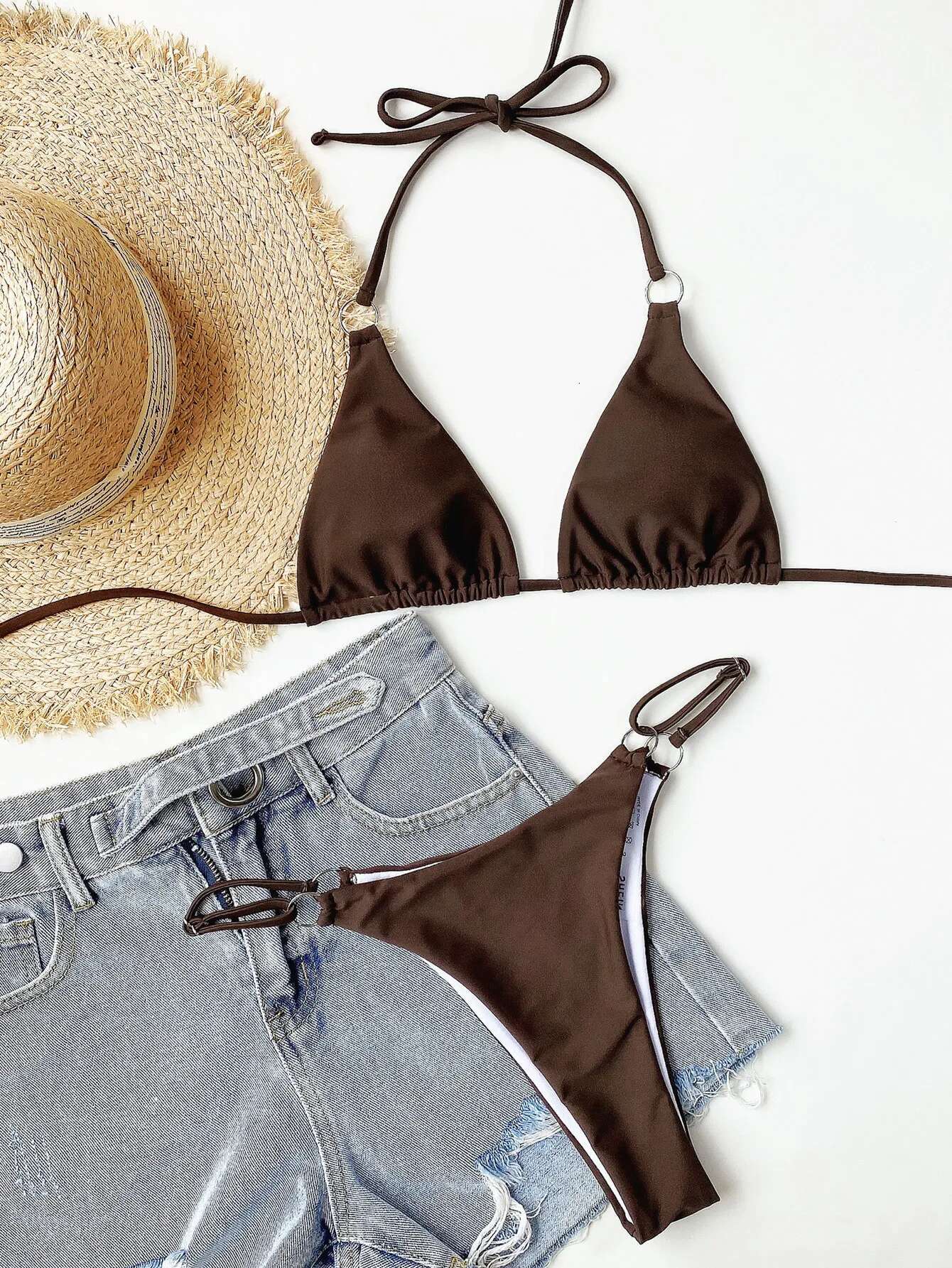 Dongdumaoyi Sexy Micro Bikini Women Brown Wine Metal Ring Linked Push Up Triangle Swimsuit Brazilian Beach Bathing Suit Thong Swimwear