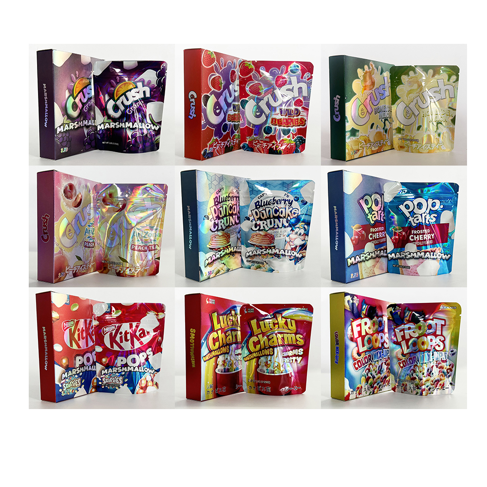 New Designs Combo Cartoon Box Set With Mylar Bags 3.5g Smell Proof Soft Touch Empty Pack Zip Lock 3.5 Plastic Package Pouches Storage Paper Packaging case Kit