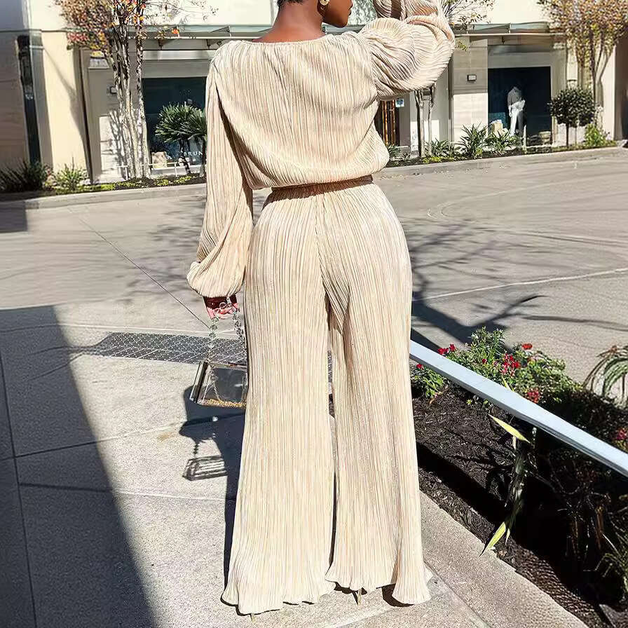Women's 2025 Spring New Home Solid Color Loose Casual Long Sleeve High Elastic Pleated Two-Piece Set