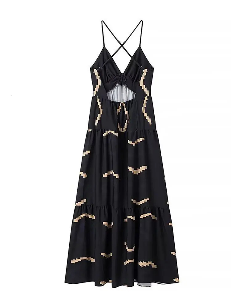 Fashionable geometric print womens long sling dress sexy backless sleeveless vacation long dress womens chic beach party dress 250401