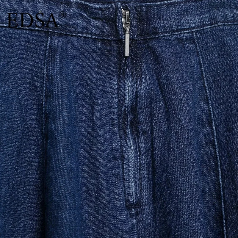 EDSA Women Blue Denim Mini Skirt Mid-waist Metal Back Zip A-line Female Y2K Solid Color High Street Short Skirt 250407