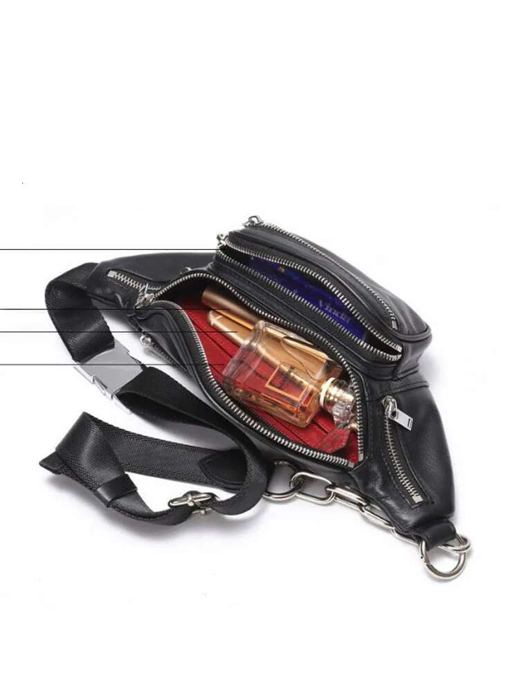 High Street Women Genuine Chest Casual Multi Pocket Waist Bags Fashion Cow Leather Sheepskin Chain Shoulder Bag Flap