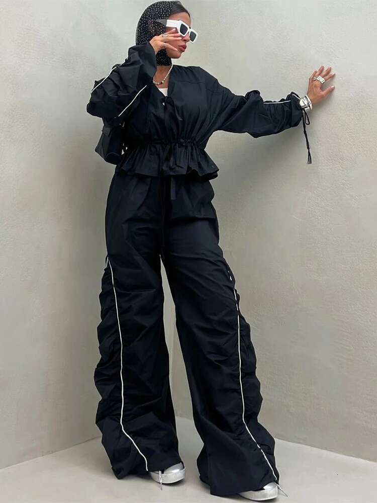Kliou Shirring Matching 2 Piece Set Women Casual Tracksuits New Ruffle Bandage Tops+Elastic Oversized Pants Female Activewear