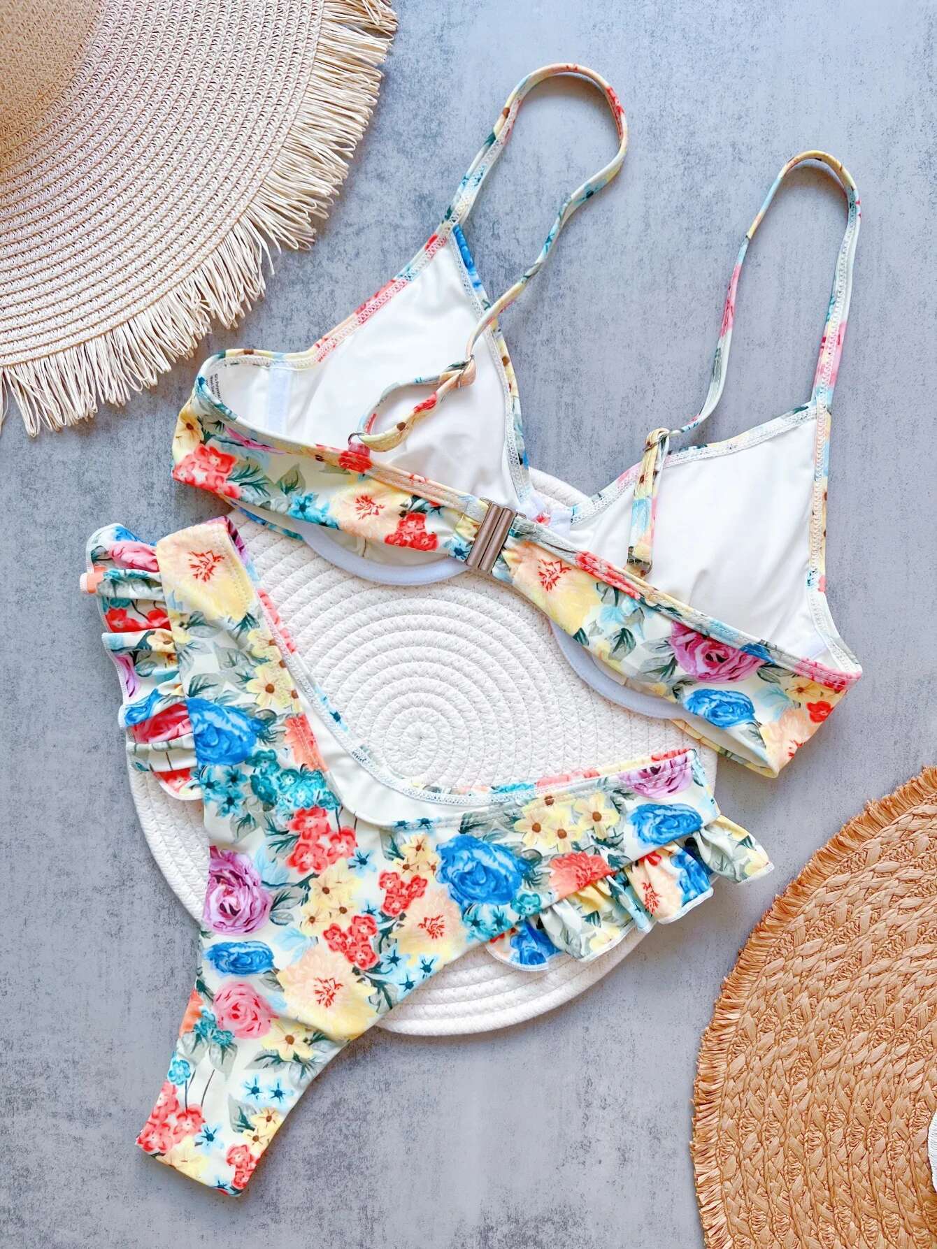 Dongdumaoyi Sexy Tie Dye Gradient Floral Print Bikini Women Push Up Underwire Micro Swimsuit Bathing Suit Ruffles High Waist Swimwear