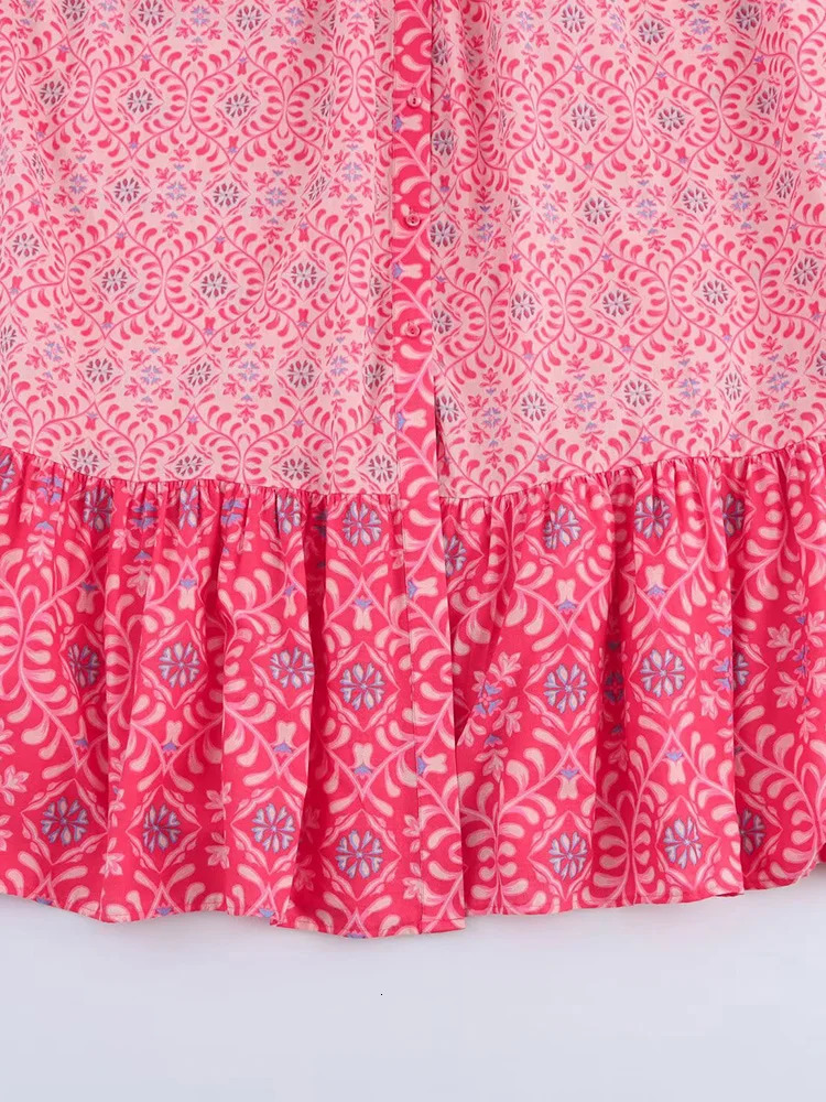 Womens Summer MIDI Dress Retro Printed V-neck Loose Long Sleeve Elegant Womens Wear 250401