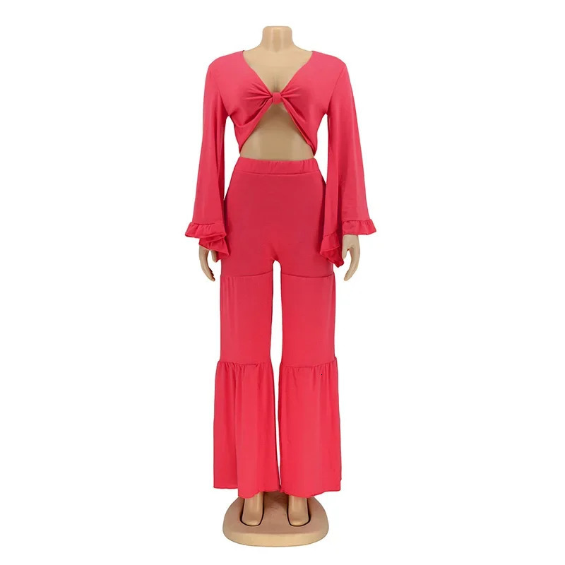 Womens casual spring and autumn solid color long sleeved luggage top wide leg mens office 2piece set 250407