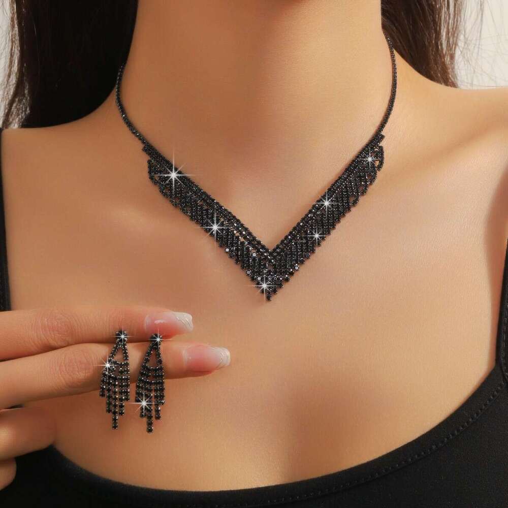 Bestselg black rhie V-shaped wave earrings+necklace two-piece set hot premium version