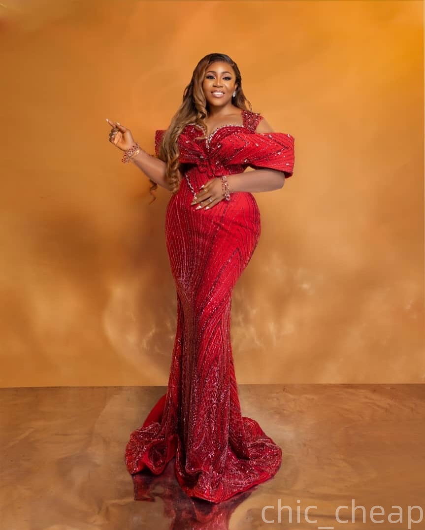 Aso Ebi Dark Red Mermaid Prom Dresses 2026 Beaded Crystals Sheer Neck Evening Formal Party Second Birthday Engagement Gowns Plus Size Dress For Specia