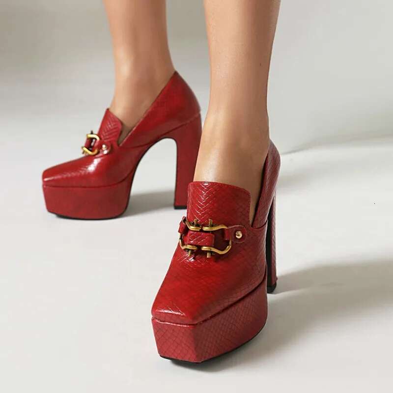 Spring Autumn New Styles Fashion High Women Shoes Solid PU Metal Decoration Square Toe Slip-On Party Heels Women High 13Cm