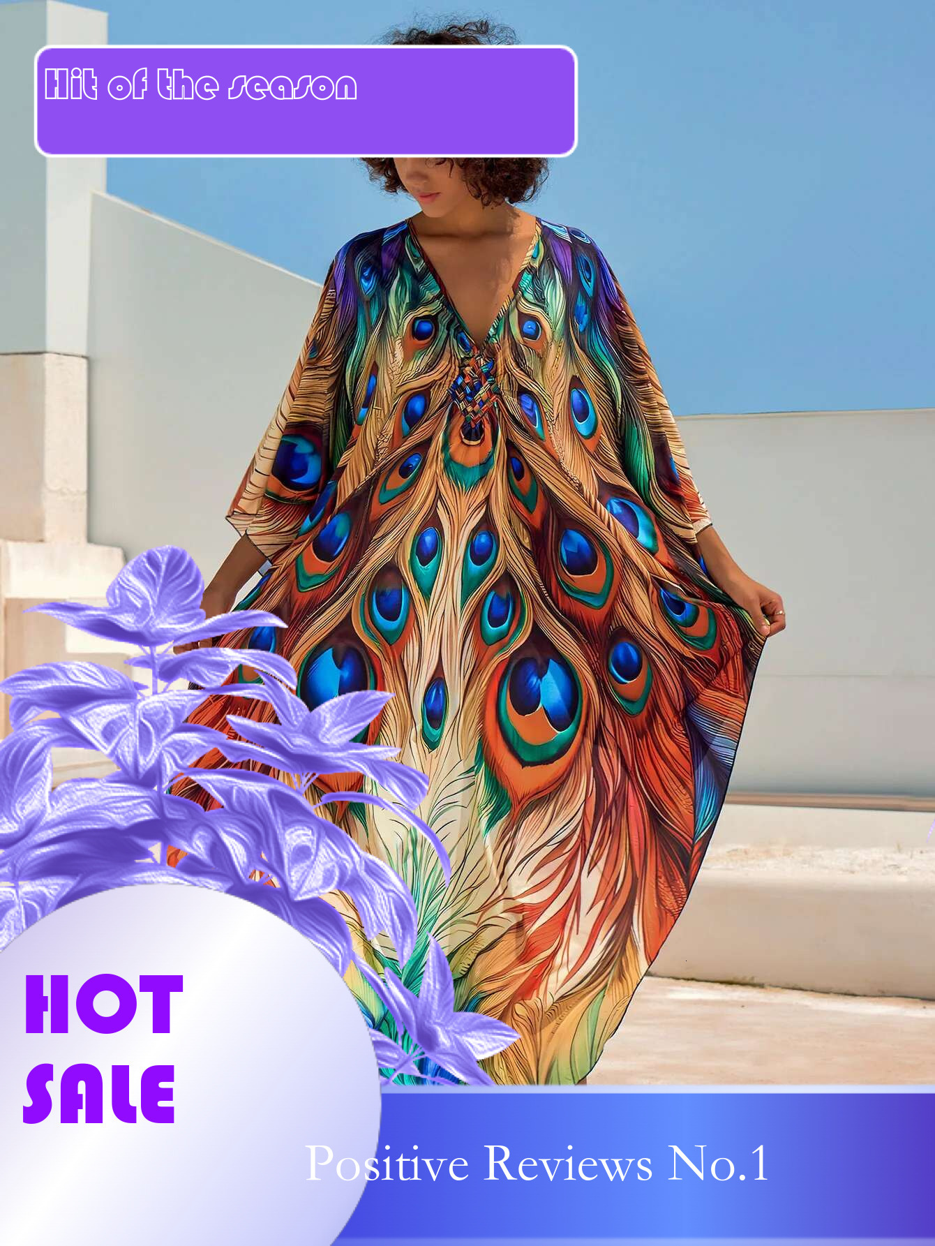 Dongdumaoyi Women S Maxi Dress Orange Peacock Feathers Print V Neck Long Sleeve Beach Cover Up Kaftan Robe Kimono Summer Vacation Wear