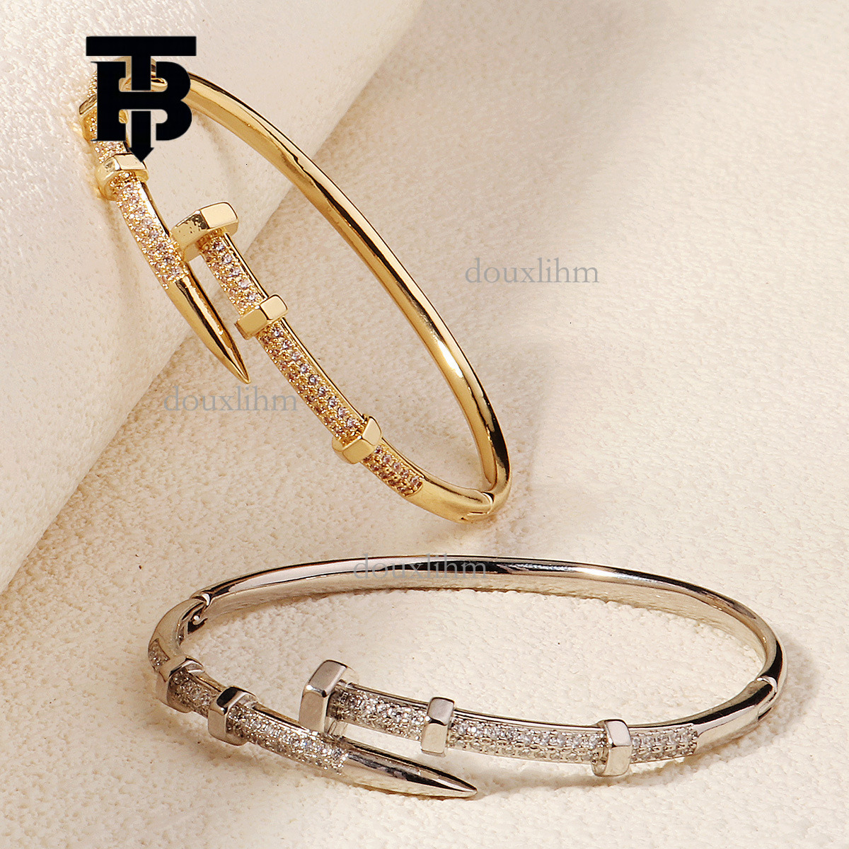 TB BHULAMTE Designer Luxury Jewelry With Diamond Studded Nails Open Bangle Evening Decoration High-end Light Luxury Daily Copper Zirconium Anti Rust B