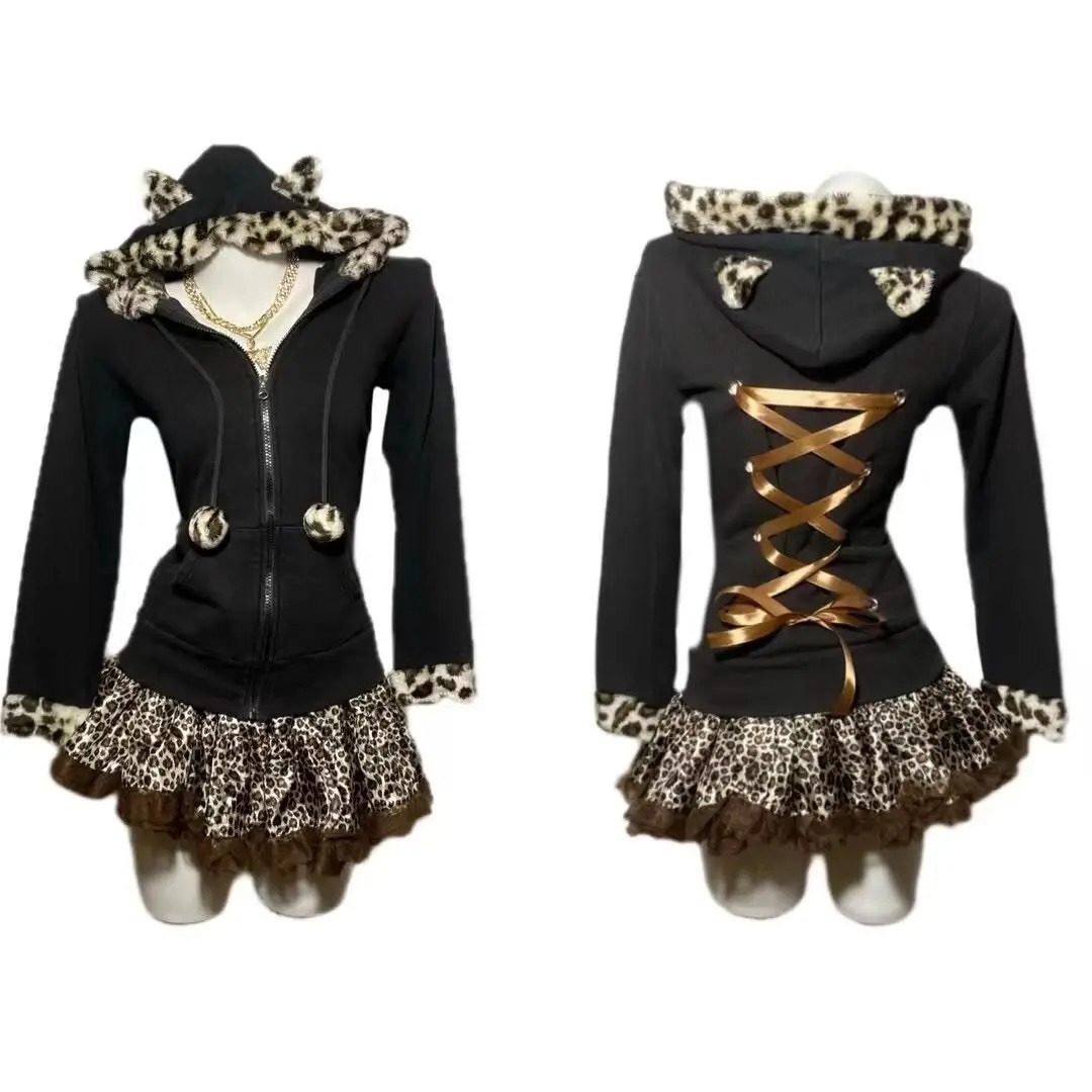 Japanese Cute Ear Leopard Printed Hoodie Zipper Sweatshirt Fashion Street Girl Ultra Thin Harajuku Y2k 250403