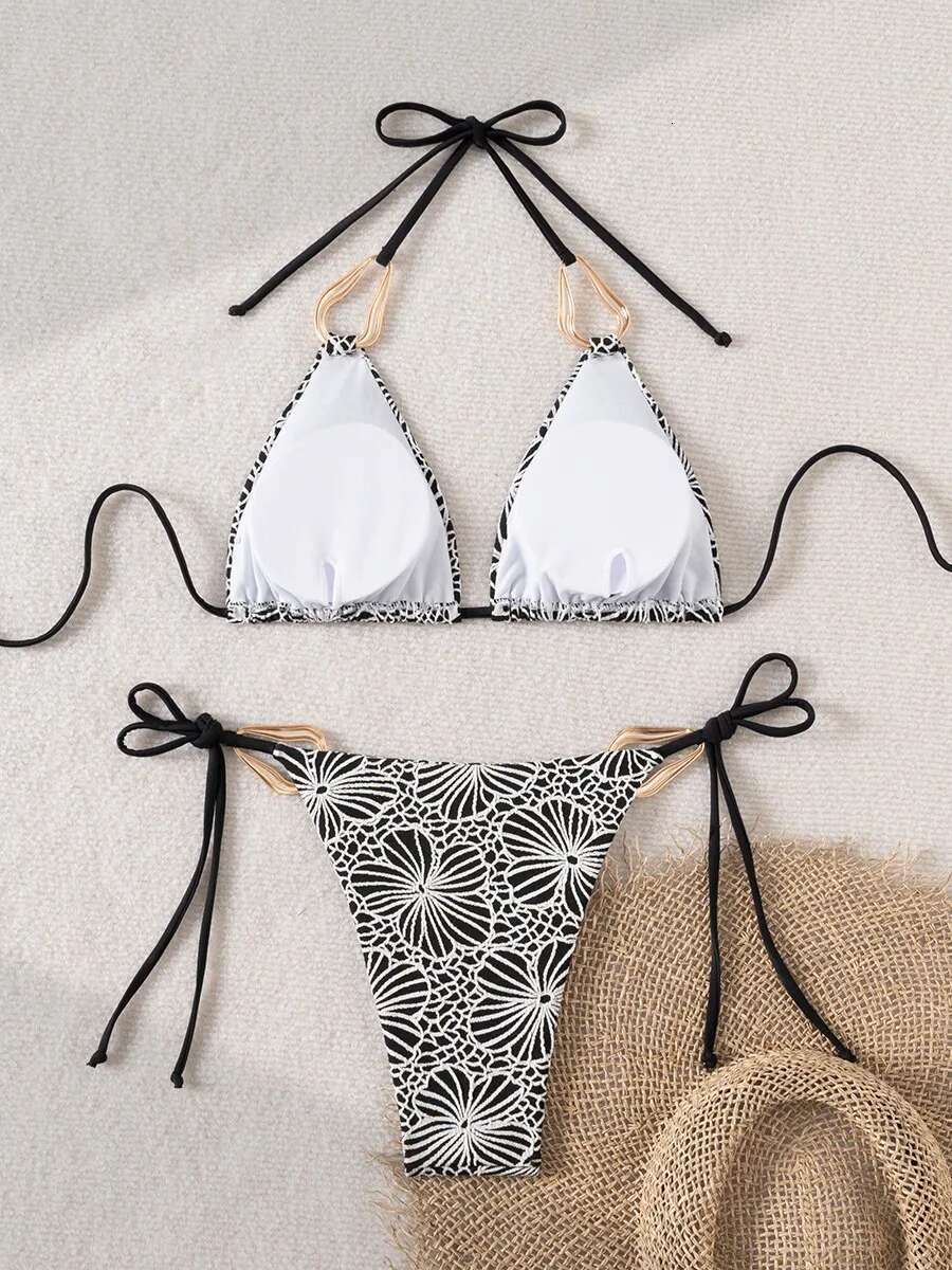 Dongdumaoyi Sexy Black Floral Print Bikini Set Women Metal Strap Lace Push Up Mini Swimsuit Brazilian Beach Bathing Suit Thong Swimwear