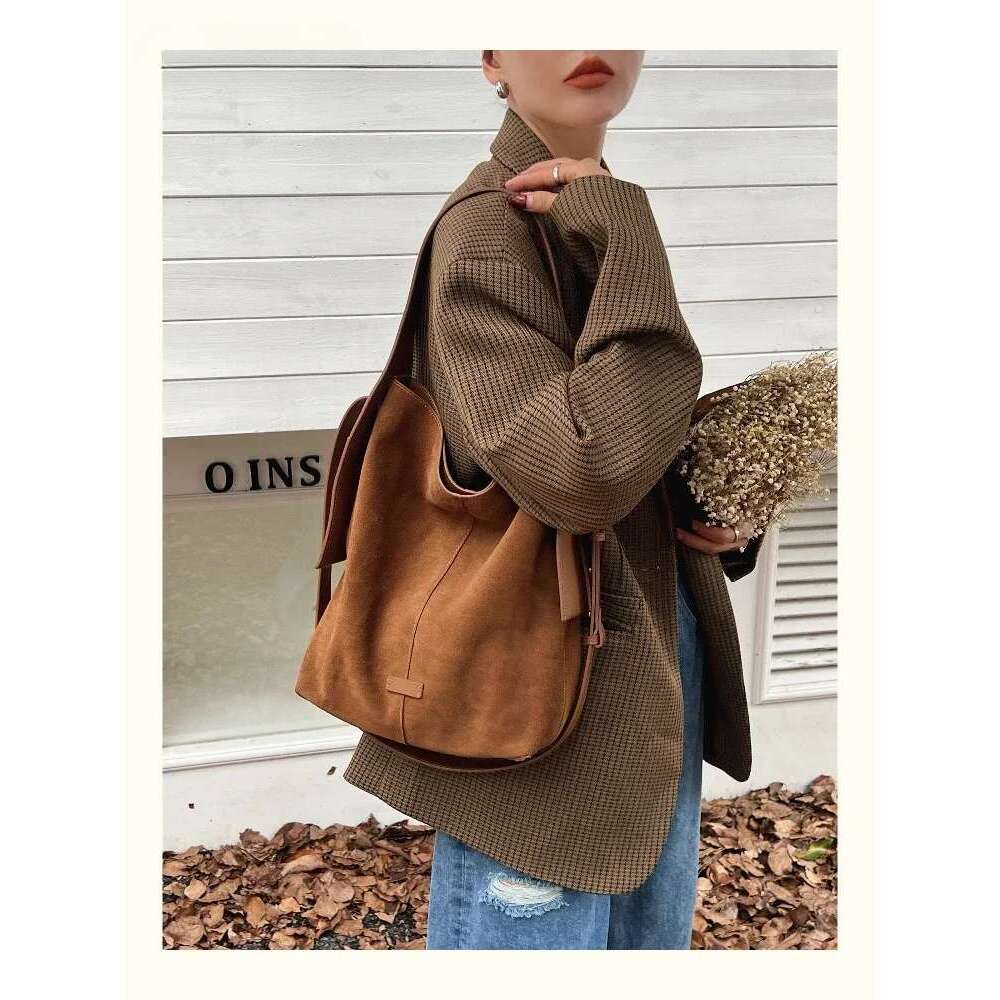 Ins Chic Slouchy Style Soft Touch Bucket Tote Big Genuine Suede Leather Women Shoulder Bag Matte Nubuck Office Ladies Handbag