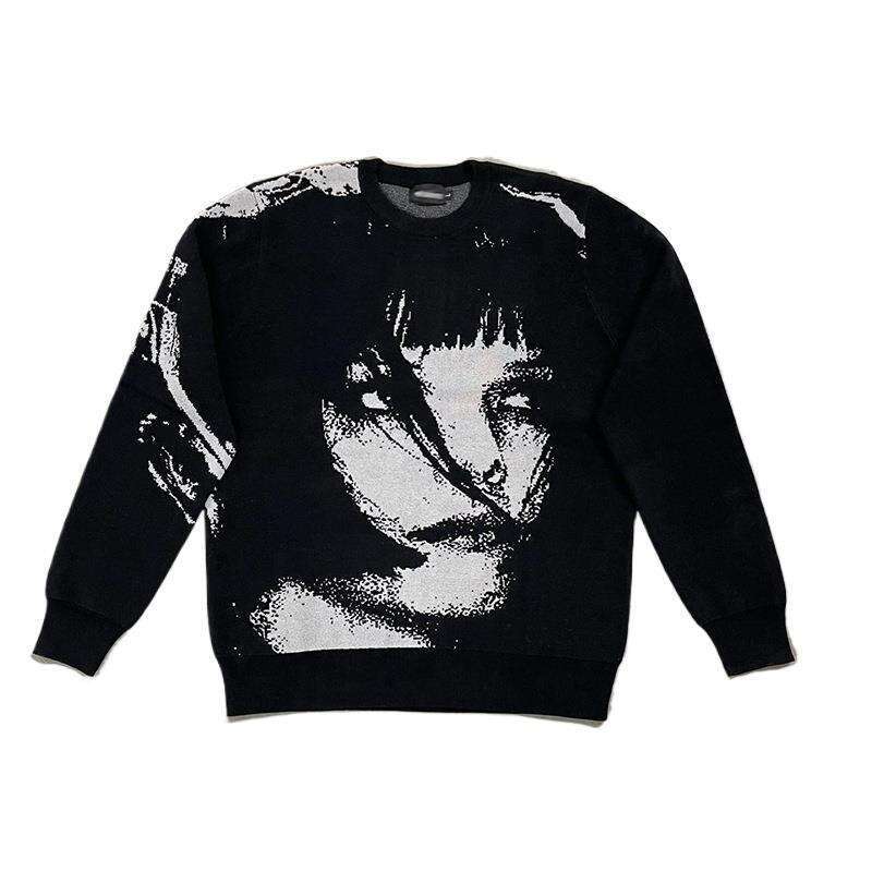new hip hop street clothing knitted sweater mens gothic portrait printed set