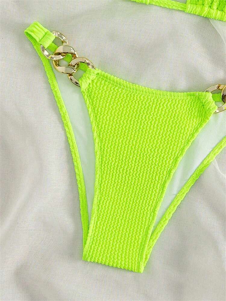 Dongdumaoyi Sexy Neon Green Piece Bikini Set Women Halter Metal Stap Push Up Swimsuit Summer Lace Beach Bathing Suit Thong Swimwear