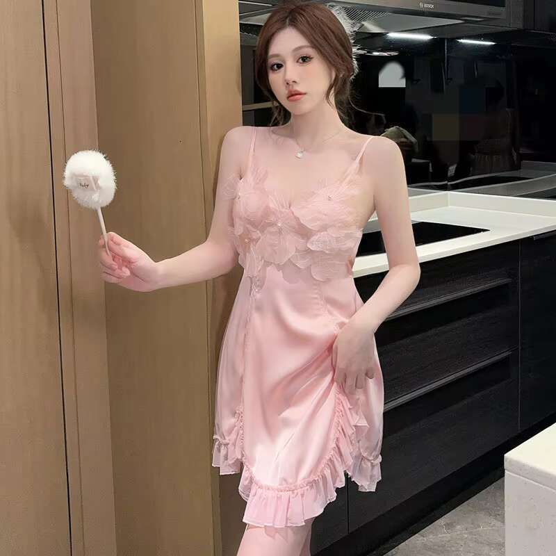 New Lace Wer With Chest Cushion Ice Silk Slip Nightdress Sexy Summer Pamas Home Wear