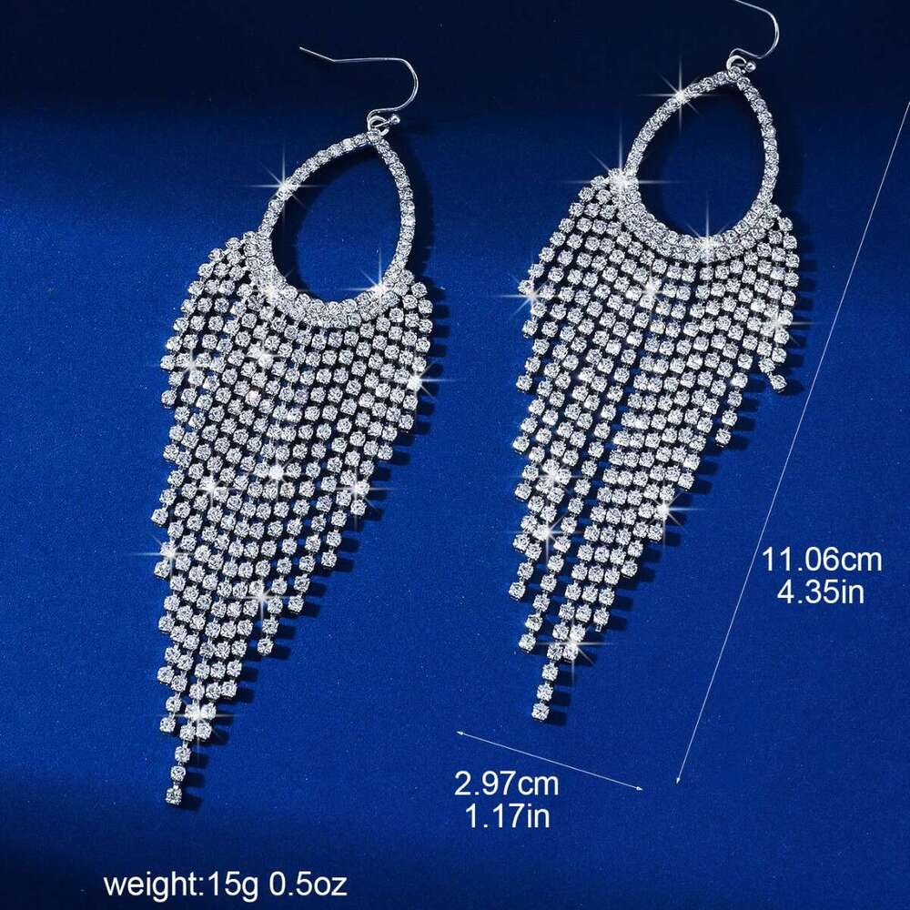 New Korean Super Flash High Grade Dia Claw Chain hot with Atmospheric Water Drop Style Exaggerated Bridal tassel Earrings