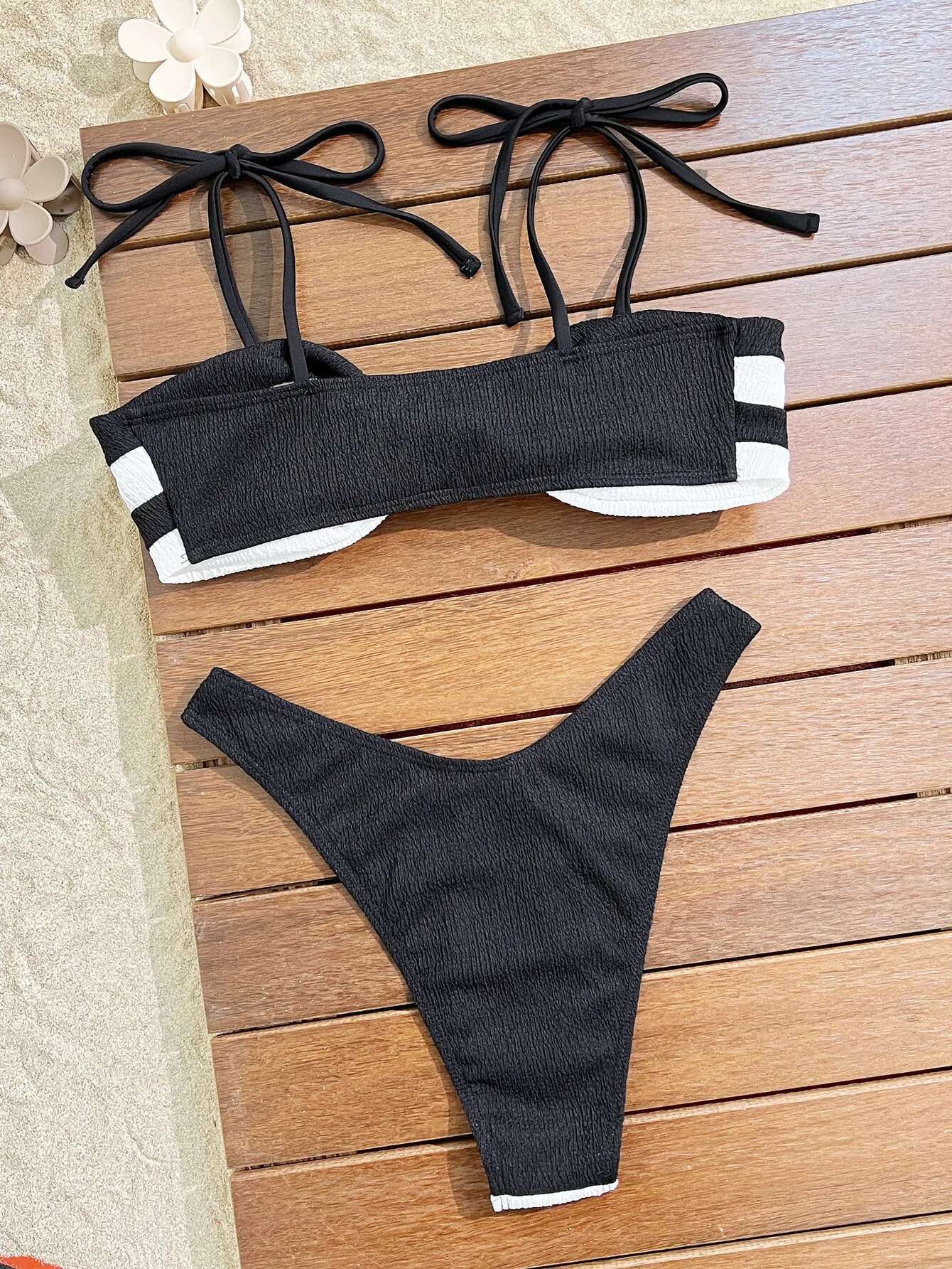 Dongdumaoyi Sexy Striped Bikini Women Black White Patchwork Front Bow Push Up Micro Swimsuit Summer Bathing Suit Thong Swimwear Biquini
