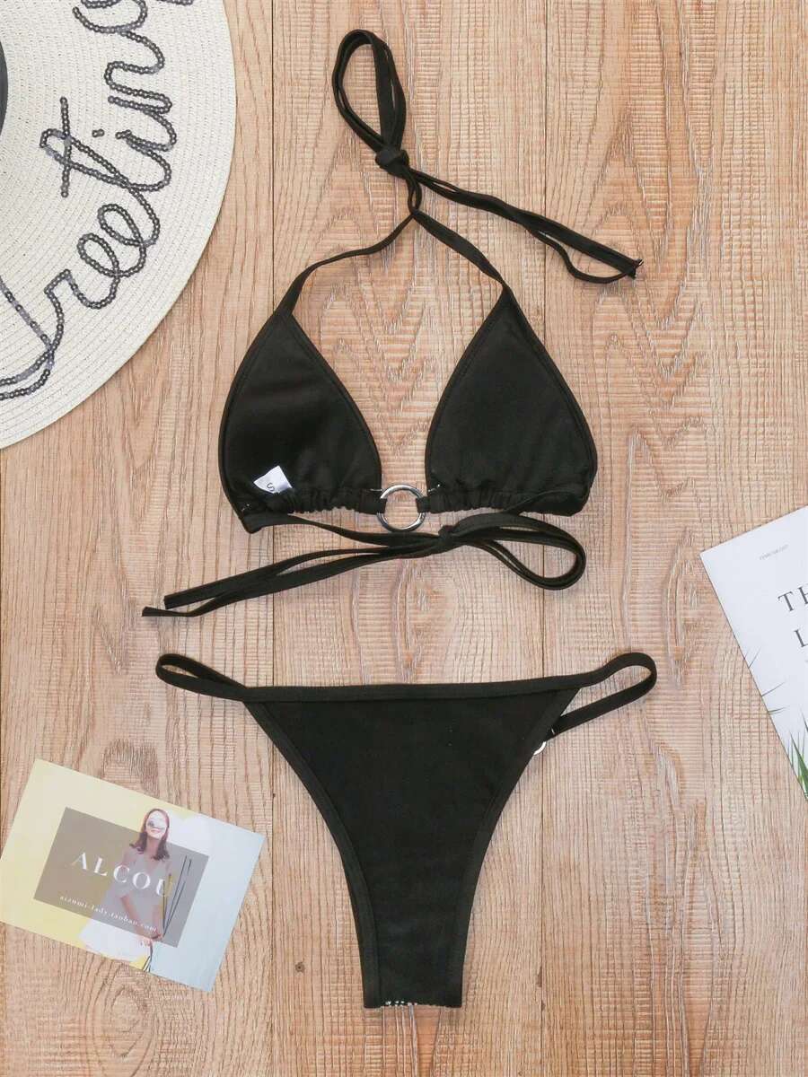 Dongdumaoyi Sexy Sequin Rhinestone Bikini Women Black Diamond Micro Swimwear Braizilian Ring Linked Push Up Bathing Suit Thong Swimsuit