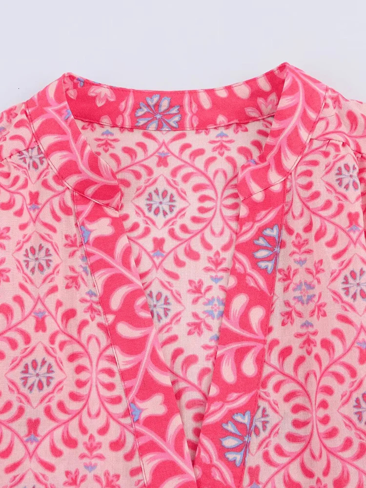 Womens Summer MIDI Dress Retro Printed V-neck Loose Long Sleeve Elegant Womens Wear 250401