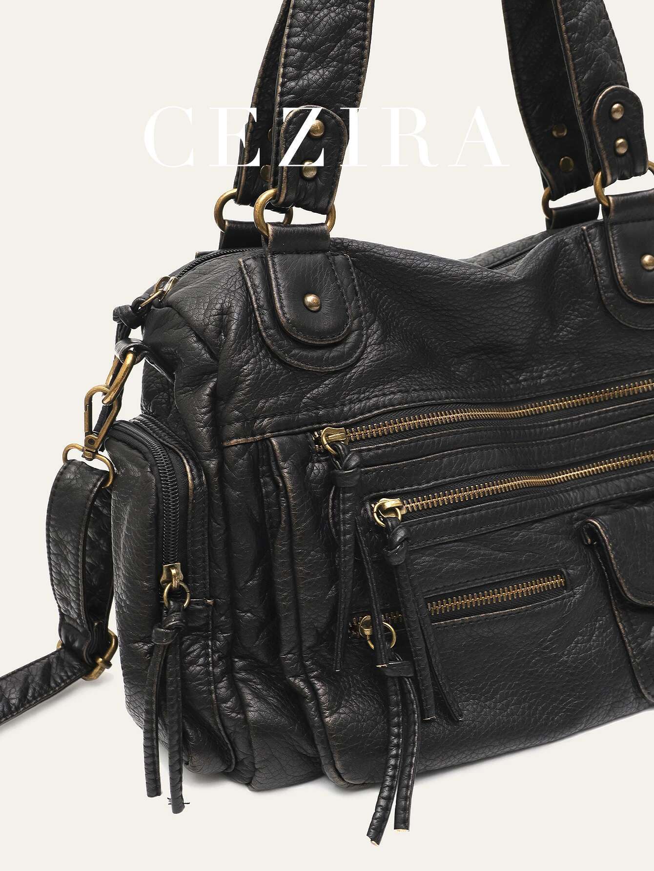 Vintage Women Unisex Brush-Off Color Washed PU Vegan Leather Zip Pockets Shoulder Cross Body Bag Large Retro Casual Daily Travel