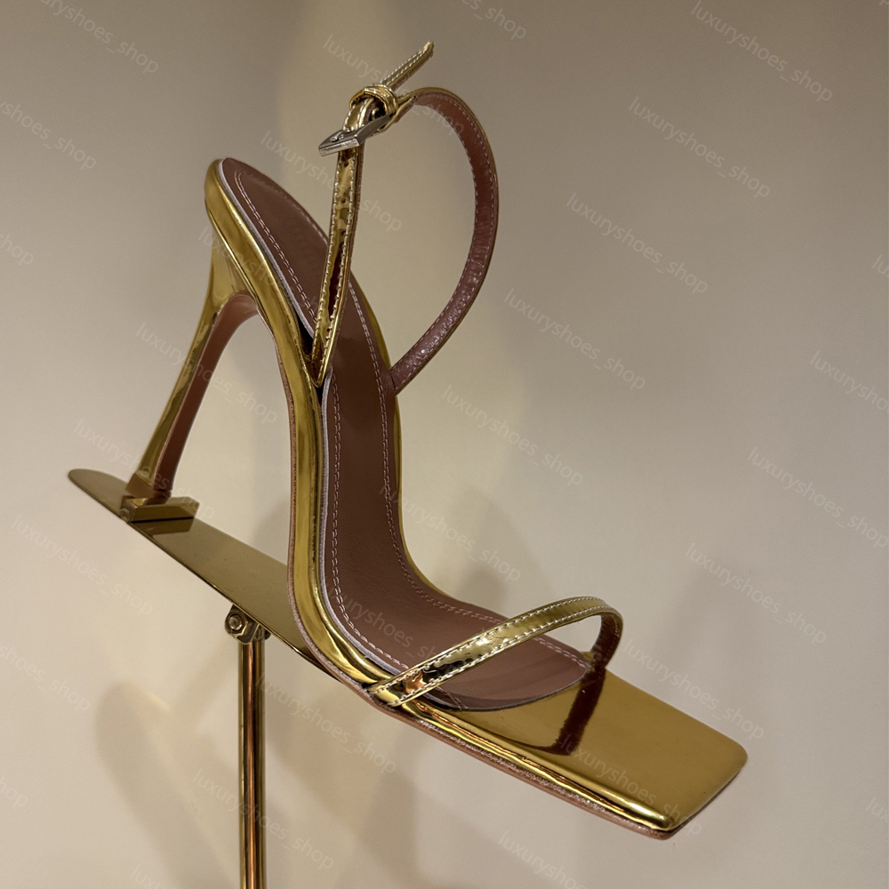 95mm Maya mirror leather sandals Patent Leather Back Strap sandals mules Slip-On Stiletto pumps women Square toe Peep Toe Party Shoes Luxury designers high heels