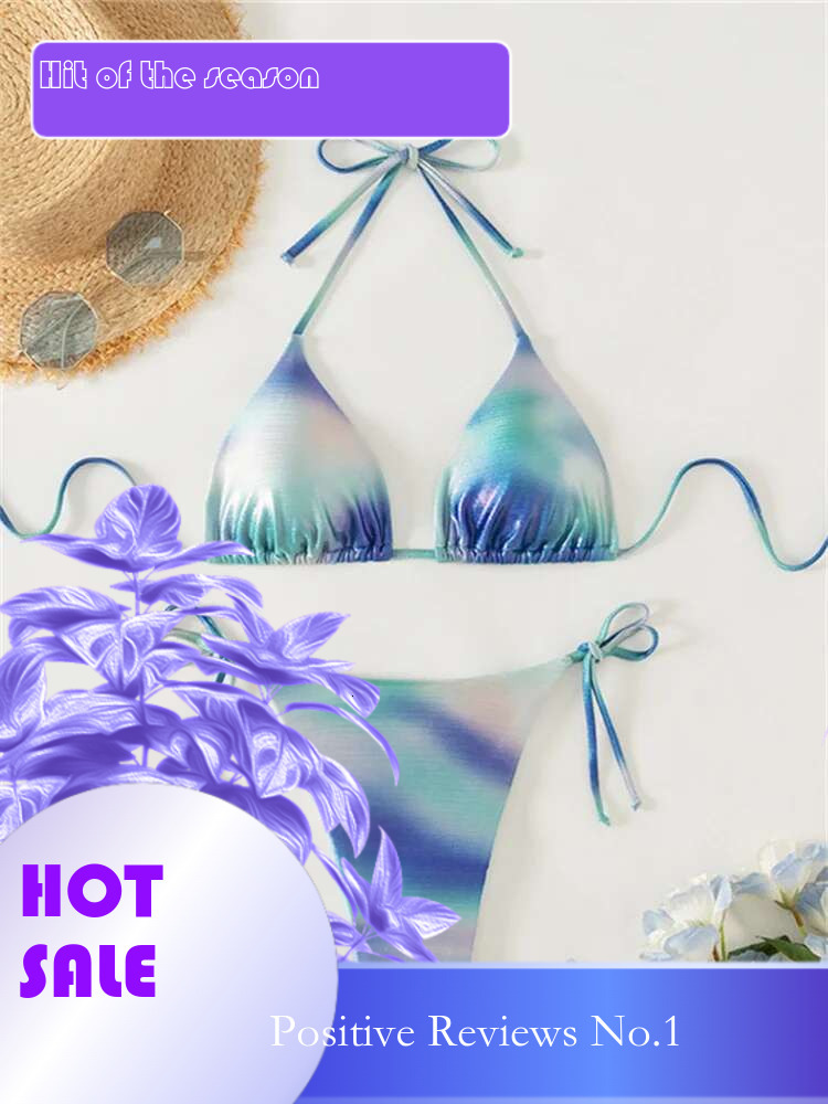 Dongdumaoyi Sexy Blue Gradient Bikini Set Women Halter Push Up Bra Tie Side Thong Swimsuit Beach Bathing Suit Triangle Swimwear Biquini
