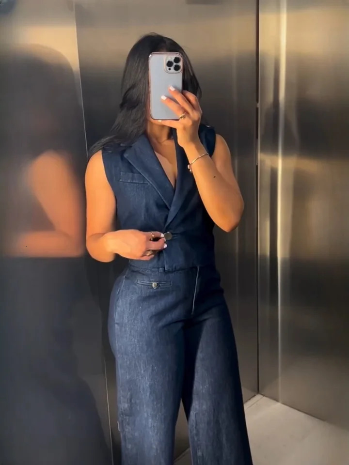 RARA Summer Womens Short Denim Tank TopStraight Wide Leg Jeans Fashionable and Unique Set 250407