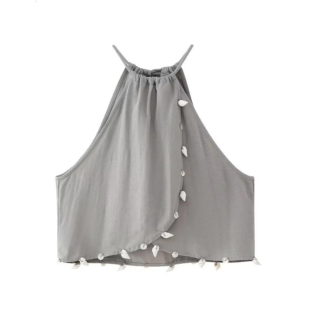 DUOPERI Womens 2piece Shell Decorative Top Tank and High Elasticity Waist Mens Unique Casual Pants Coordinate 250407