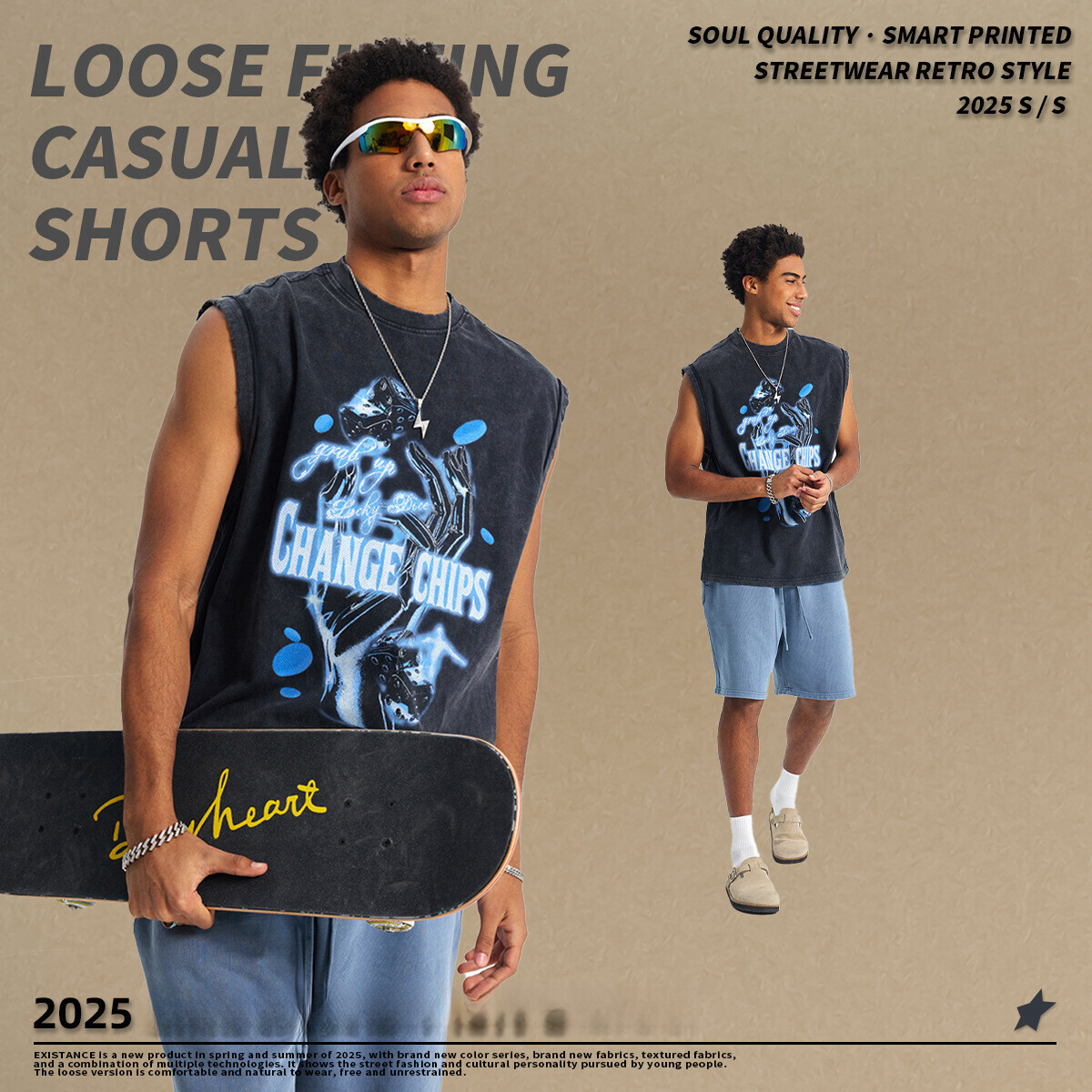 Chain Trendy Wear | 2025 Stir fried Snowflake Used Tank Top Digital Direct Spray Printed Shoulder Wash Water Sleeveless Men's T-shirt