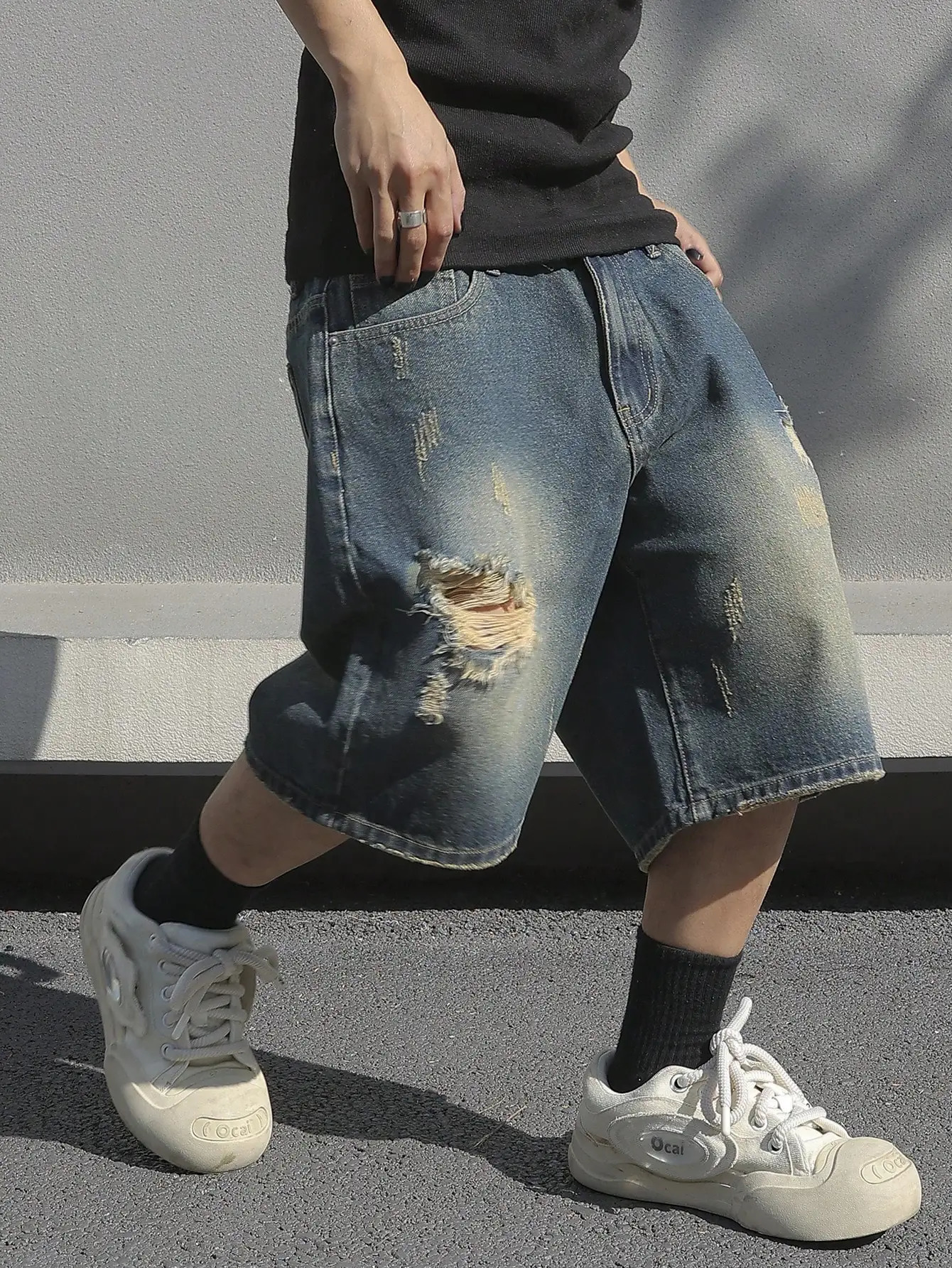Mens Summer Baggy Stretchy Denim Shorts Jeans For Men Streetwear Ripped Knee length Comfort Cargo Casual Pants Jean 250313