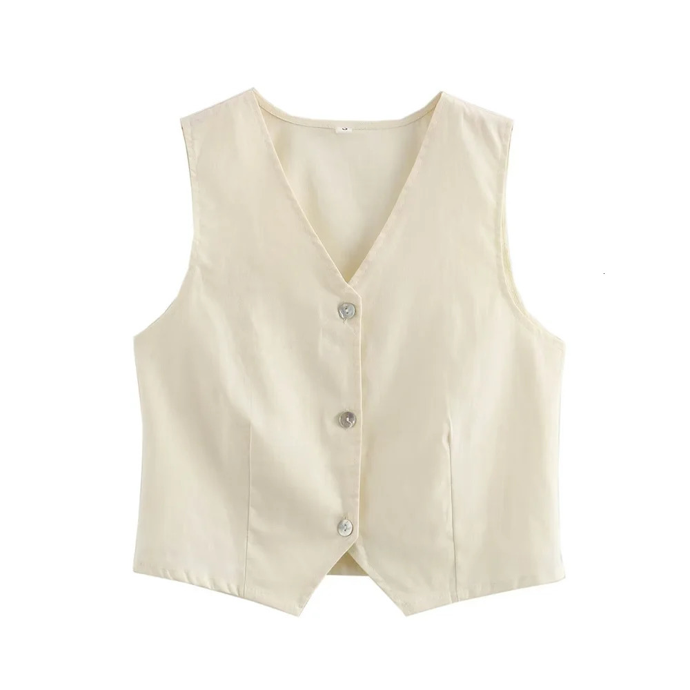 ZA summer womens all cotton casual slim fit Vneck single breasted vest and wide leg pants set 250407