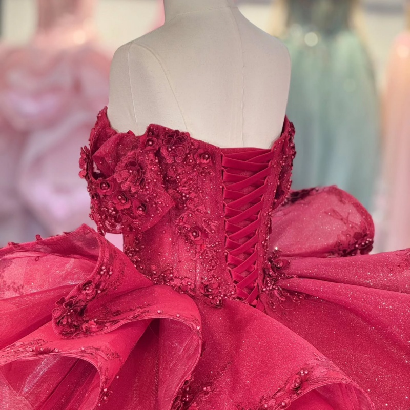 Red Shiny Princess Quinceanera Dresses Off Shoulder Applique Flower Beads Tiered Tull Sweet 16 Dress Ball Gown Vestidos 15 Anos
