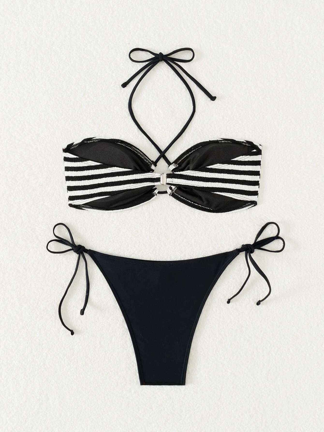 Dongdumaoyi Sexy Black Striped Bikini Mujer Women Halter Cross Pleate Push Up Tie Side Thong Swimsuit Summer Bathing Suit Mini Swimwear