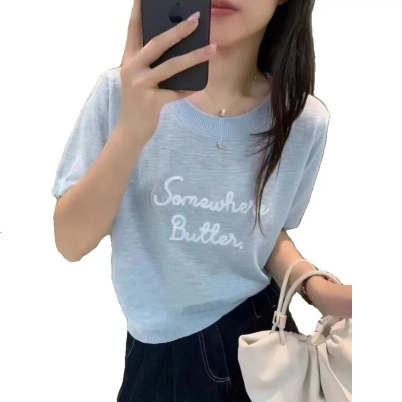 Letter y ice silk knitted short sleeved womens summer shoulder round neck thin top loose Tshirt 250407